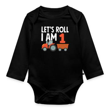 1st Birthday Tractor 1 Year Birthday Shirt - Organic Longsleeve Baby Bodysuit - black - Front
