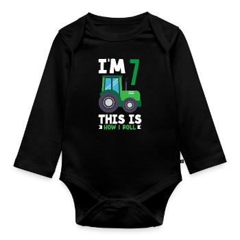 1st Birthday Tractor 1 Year Birthday Shirt - Organic Longsleeve Baby Bodysuit - black - Front