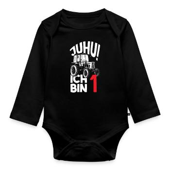1. Geburtstag Traktor 1 Jahr Geburtstagsshirt - Baby Bio-Langarm-Body - Schwarz - Vorne