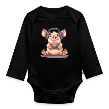 Pigs Video Game - Organic Longsleeve Baby Bodysuit - black - Front