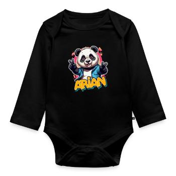 ARIAN - Beau prénom de garçon avec un panda cool - Body Bébé bio manches longues - noir - Devant