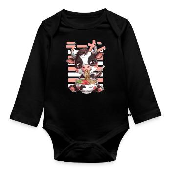 Vache Aime Ramen Bowl Kawaii Anime - Body Bébé bio manches longues - noir - Devant