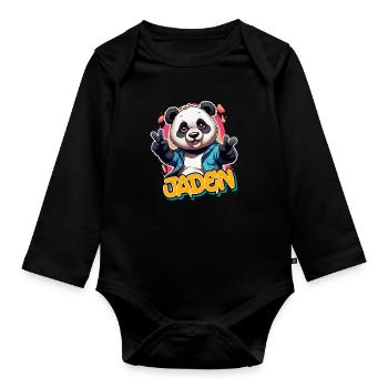 JADEN - Schöner Jungen Name mit coolem Panda - Baby Bio-Langarm-Body - Schwarz - Vorne