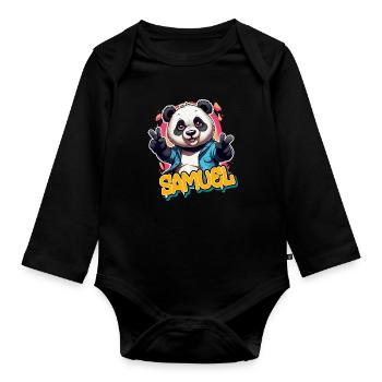 SAMUEL - Handsome boy name with cool panda - Organic Longsleeve Baby Bodysuit - black - Front