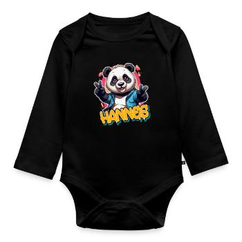 HANNES - Handsome Boy Name with Cool Panda - Organic Longsleeve Baby Bodysuit - black - Front