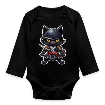 Ninja Cat - Samurai Kitten - Organic Longsleeve Baby Bodysuit - black - Front