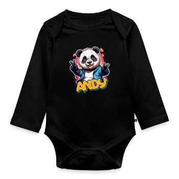 ANDY - Schöner Jungen Name mit coolem Panda - Baby Bio-Langarm-Body - Schwarz - Vorne