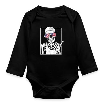 Skeleton US Flag Rock Hand Halloween Rock Music - Organic Longsleeve Baby Bodysuit - black - Front