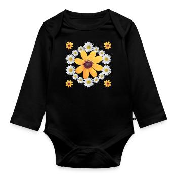 Daisies Orange Blossom Daisies Floral Pattern - Organic Longsleeve Baby Bodysuit - black - Front
