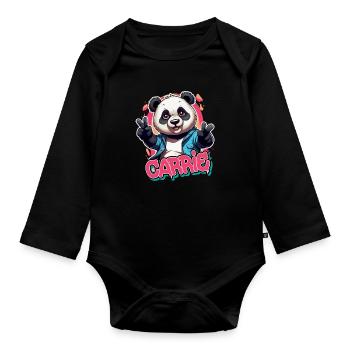 CARRIE - Schöner Mädchen Name mit coolem Panda - Baby Bio-Langarm-Body - Schwarz - Vorne