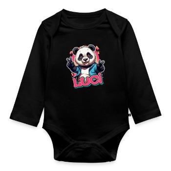 LUCI - Schöner Mädchen Name mit coolem Panda - Baby Bio-Langarm-Body - Schwarz - Vorne