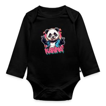 KARINA - Beautiful Girl Name with Cool Panda - Organic Longsleeve Baby Bodysuit - black - Front