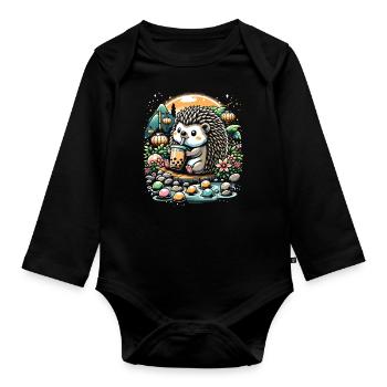 Funny Boba Tea Lover Bubble Tea Drink Hedgehog - Organic Longsleeve Baby Bodysuit - black - Front