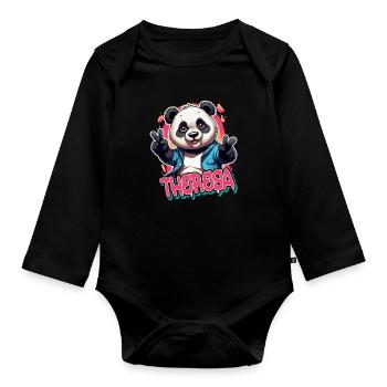 THERESA - Schöner Mädchen Name mit coolem Panda - Baby Bio-Langarm-Body - Schwarz - Vorne