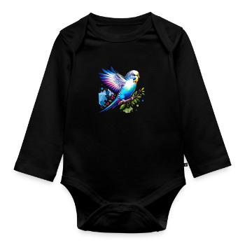 Sweet Budgie Aquarelle – Friedliches Vogelporträt - Baby Bio-Langarm-Body - Schwarz - Vorne