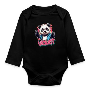VIOLET - Beau nom de fille avec panda cool - Body Bébé bio manches longues - noir - Devant