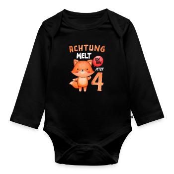 Achtung Welt Ich Bin Jetzt 4 Fuchs - Baby Bio-Langarm-Body - Schwarz - Vorne