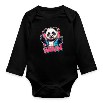 SARAH - Beautiful Girl Name with Cool Panda - Organic Longsleeve Baby Bodysuit - black - Front