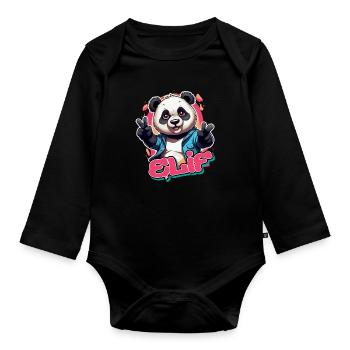 ELIF - Schöner Mädchen Name mit coolem Panda - Baby Bio-Langarm-Body - Schwarz - Vorne