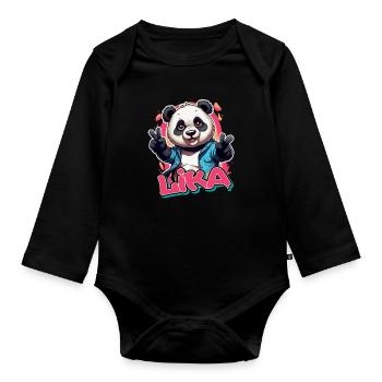 LIKA - Beautiful Girl Name with Cool Panda - Organic Longsleeve Baby Bodysuit - black - Front