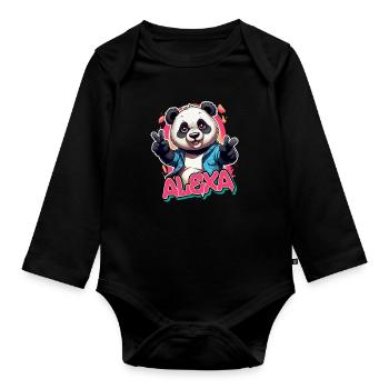ALEXA - Beautiful Girl Name with Cool Panda - Organic Longsleeve Baby Bodysuit - black - Front