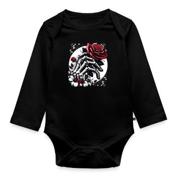 Gothic Rote Rose in Skeletons Umarmung - Baby Bio-Langarm-Body - Schwarz - Vorne