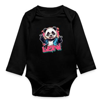LENI - Beau nom de fille avec Cool Panda - Body Bébé bio manches longues - noir - Devant