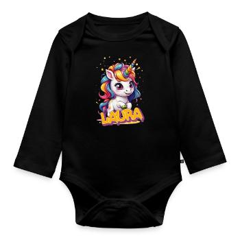LAURA - Beau prénom de fille avec une jolie licorne - Body Bébé bio manches longues - noir - Devant