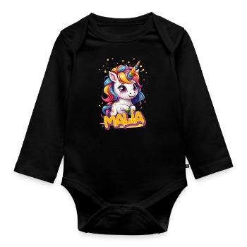 MALIA - Schöner Mädchen Name mit süßem Einhorn - Baby Bio-Langarm-Body - Schwarz - Vorne