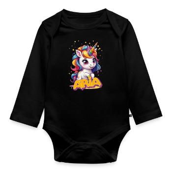 ARIA - Schöner Mädchen Name mit süßem Einhorn - Baby Bio-Langarm-Body - Schwarz - Vorne