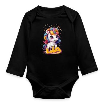 LIA - Schöner Mädchen Name mit süßem Einhorn - Baby Bio-Langarm-Body - Schwarz - Vorne