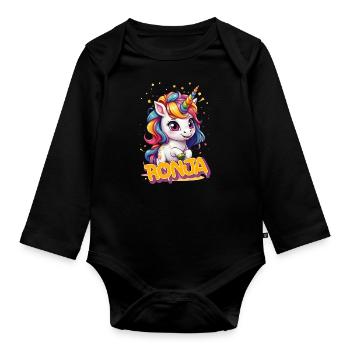 RONJA - Schöner Mädchen Name mit süßem Einhorn - Baby Bio-Langarm-Body - Schwarz - Vorne