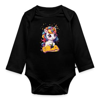 SILA - Schöner Mädchen Name mit süßem Einhorn - Baby Bio-Langarm-Body - Schwarz - Vorne