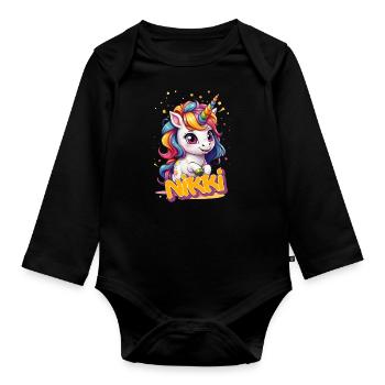 NIKKI - Beau nom de fille avec une licorne mignonne - Body Bébé bio manches longues - noir - Devant