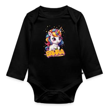 SAHRA - Schöner Mädchen Name mit süßem Einhorn - Baby Bio-Langarm-Body - Schwarz - Vorne