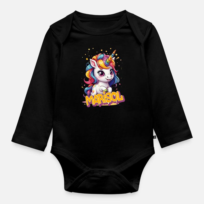MARISOL - Schöner Mädchen Name mit süßem Einhorn - Baby Bio-Langarm-Body - Schwarz