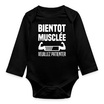 Bientôt Musclée Veuillez Patienter Muscu Femme - Body Bébé bio manches longues - noir - Devant