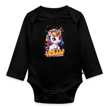 HOLLY - Schöner Mädchen Name mit süßem Einhorn - Baby Bio-Langarm-Body - Schwarz - Vorne