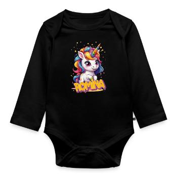 ROMINA - Schöner Mädchen Name mit süßem Einhorn - Baby Bio-Langarm-Body - Schwarz - Vorne