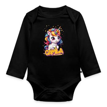 CAMILA - Beau prénom de fille avec une jolie licorne - Body Bébé bio manches longues - noir - Devant