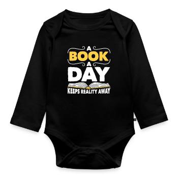 La lecture d’un livre par jour éloigne la réalité Littérature - Body Bébé bio manches longues - noir - Devant