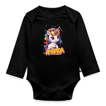 AMANDA - Beau nom de fille avec une jolie licorne - Body Bébé bio manches longues - noir - Devant