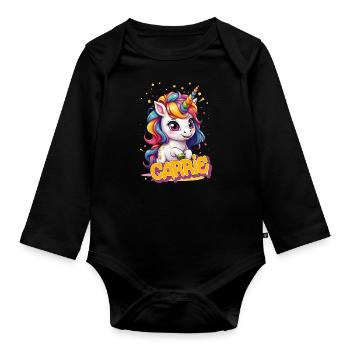CARRIE - Schöner Mädchen Name mit süßem Einhorn - Baby Bio-Langarm-Body - Schwarz - Vorne