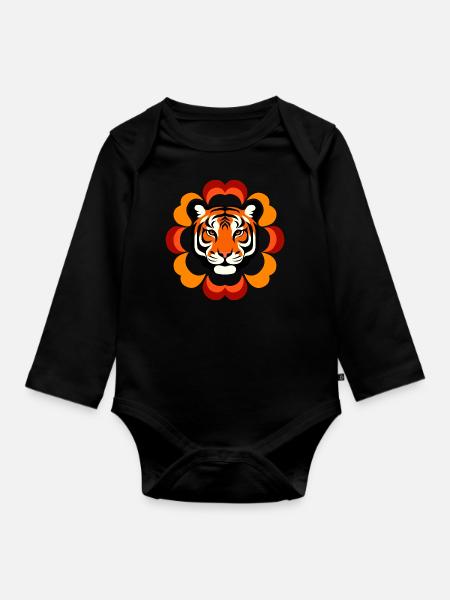 Retro Flower Power Tiger - Baby Bio-Langarm-Body - Schwarz