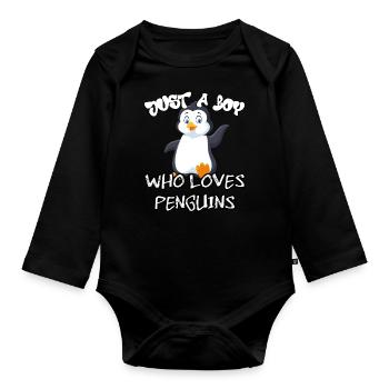 Just a boy who loves Penguins - Organic Longsleeve Baby Bodysuit - black - Front