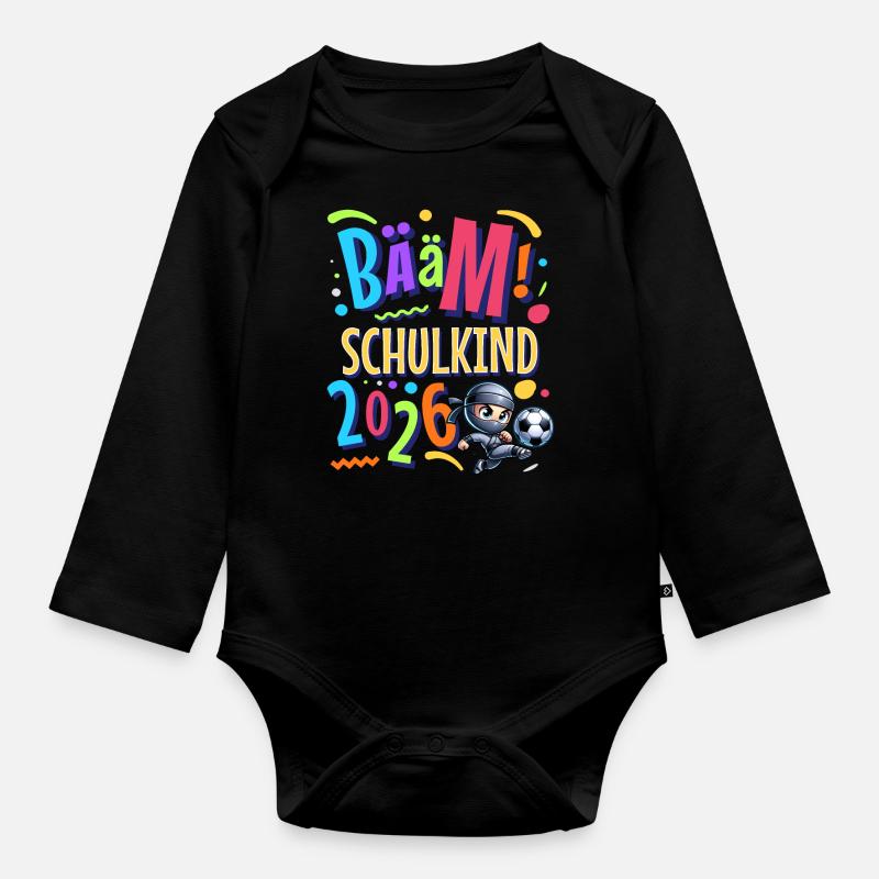 Bääm Schulkind 2026 Ninja Fußball Einschulung - Baby Bio-Langarm-Body - Schwarz