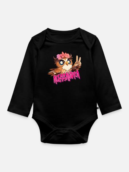 ALESSANDRA - Beautiful girl name with cute OWL - Organic Longsleeve Baby Bodysuit - black