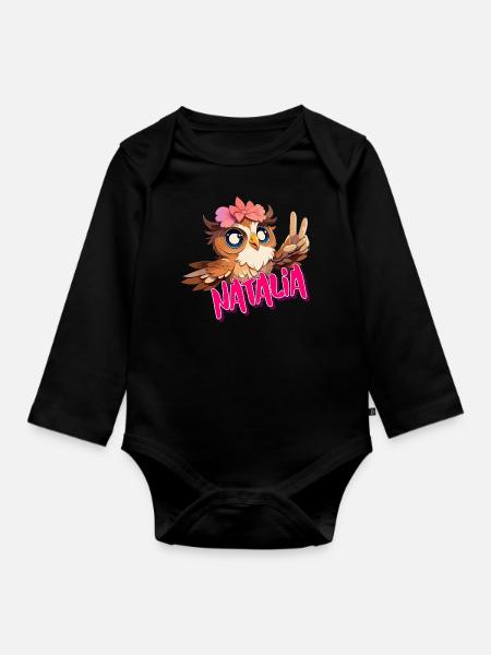 NATALIA - Mooie meisjesnaam met schattige uil - Baby bio-rompertje met lange mouwen - zwart