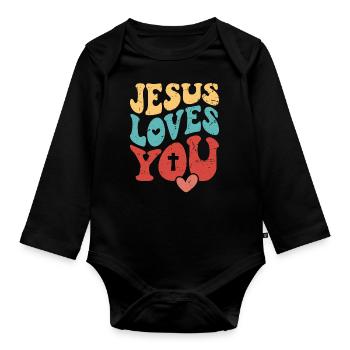 Dieu Jésus-Christ t’aime, t’aime Verset biblique - Body Bébé bio manches longues - noir - Devant