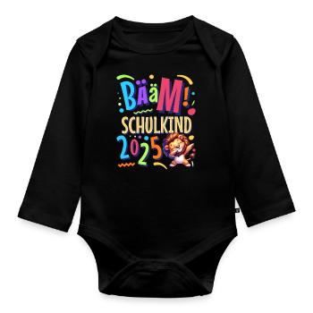 Einschulung Löwe Schulanfänger 2025 - Baby Bio-Langarm-Body - Schwarz - Vorne